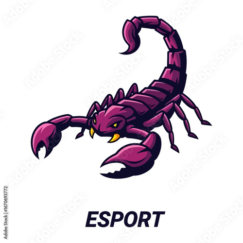 Scorpion E-Sport: A stylized illustration of a ferocious scorpion, poised in a ready to fight stance, is designed for esports branding, and embodies agility, strength, and competitive spirit. 