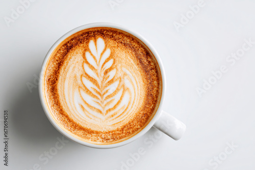 Coffee cup with latte art on white background. Ai generate.