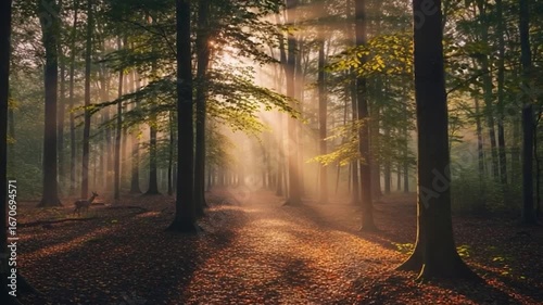 Sunlight streaming through a dense forest, illuminating a path covered in fallen leaves.