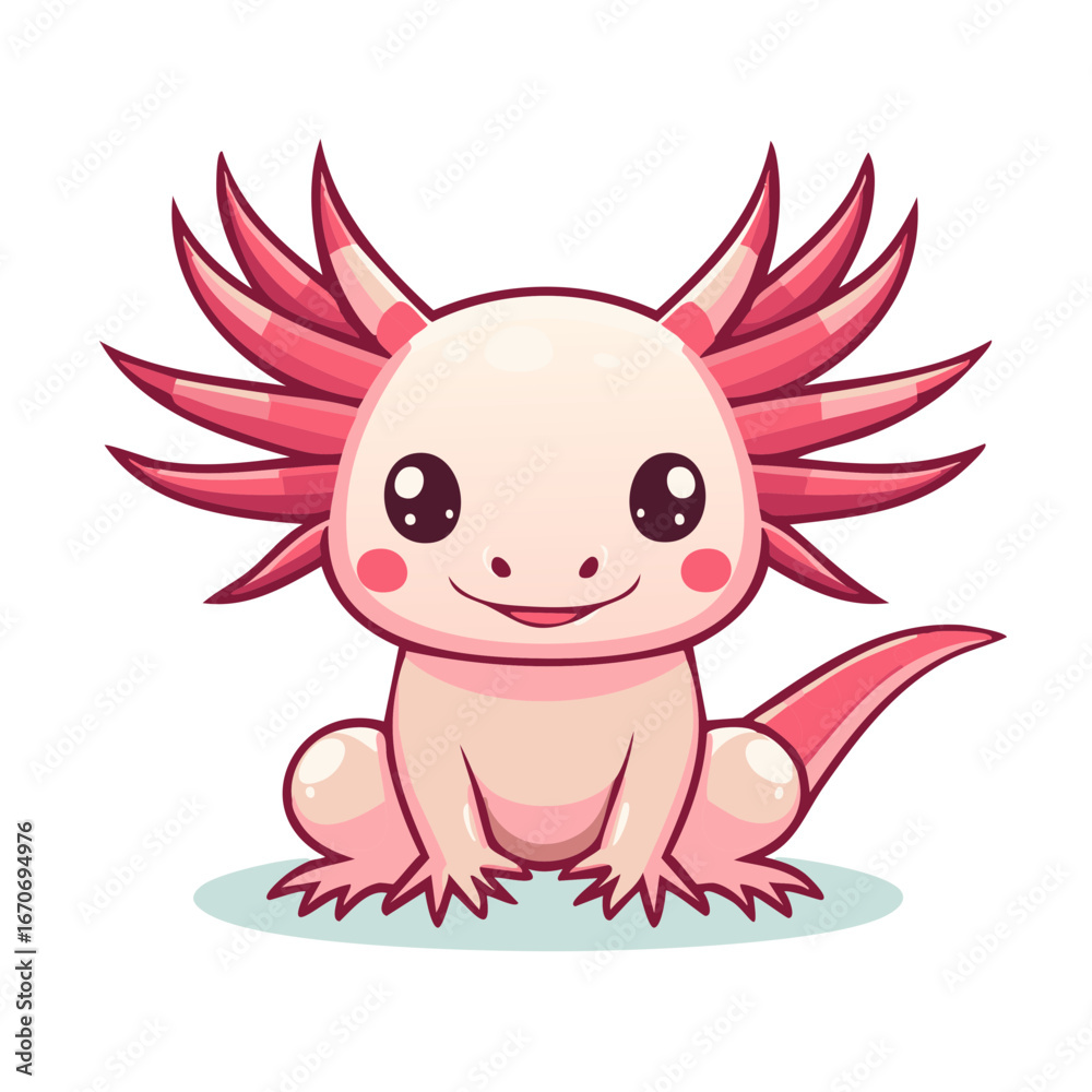 Fototapeta premium Cute pink cartoon axolotl smiling with big eyes and fluffy gills