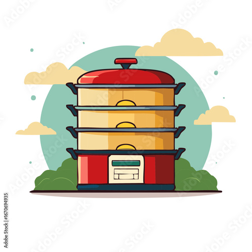Vibrant cartoon style multi-tiered electric food steamer for healthy cooking and meal preparation illustration