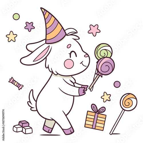 Creative SVG: Funny Goat with wearing bunny slippers in a Candy Shop colored Birthday theme