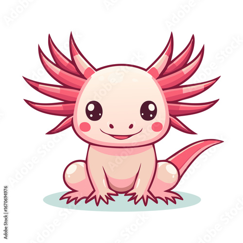 Cute pink cartoon axolotl smiling with big eyes and fluffy gills
