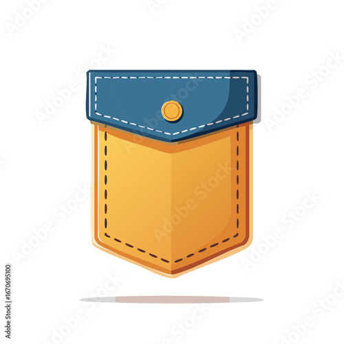 Stylized clothing pocket illustration featuring blue denim flap yellow fabric body golden button and decorative stitching