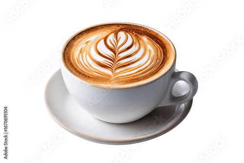Coffee cup with latte art on white background. Ai generate.