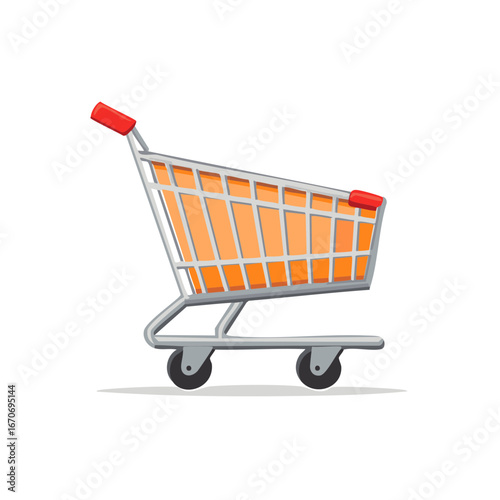 Isolated empty shopping cart with orange interior; shows retail and consumer purchasing needs, with red handles.