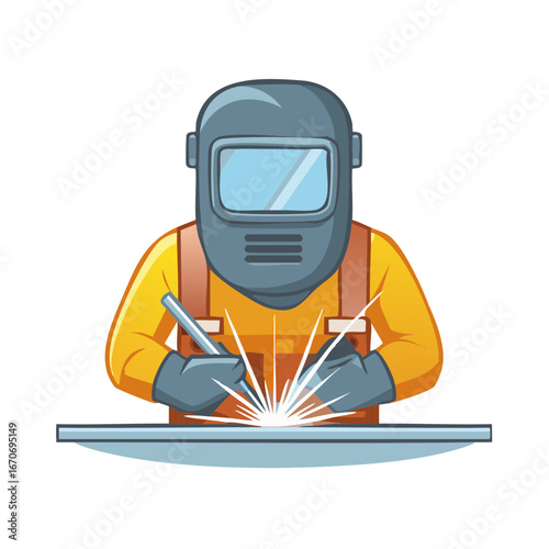 Professional welder in protective mask and uniform performing metal work with bright sparks