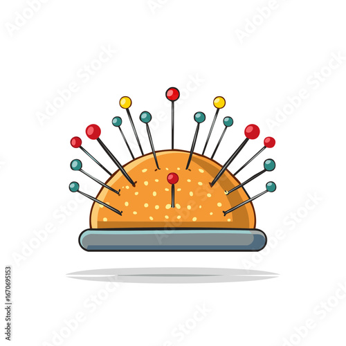 Sewing pincushion with colorful pins art illustration