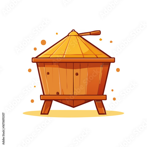 Traditional Wooden Rice Barn with Conical Roof Rustic Agricultural Storage Cartoon Illustration