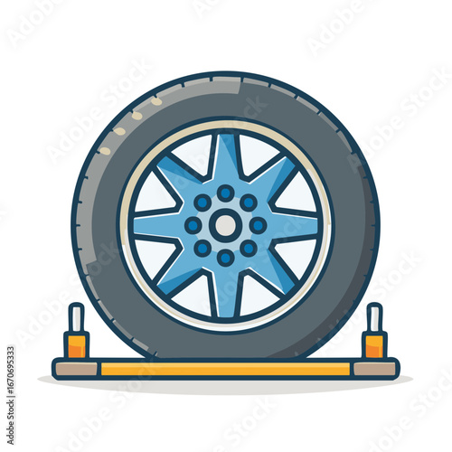 Blue alloy wheel and tire mounted on a service jack in illustration style