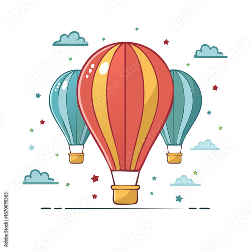 Colorful hot air balloons soaring amidst fluffy clouds and twinkling stars