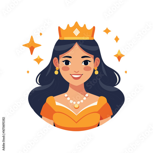 Elegant princess portrait illustration with golden crown, pearl necklace, and shining stars, embodying royalty, beauty, and fairy-tale charm