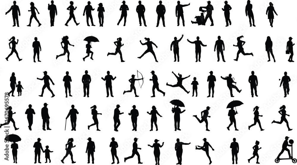 Fototapeta premium Silhouettes of diverse people walking running jumping holding umbrella and interacting vector set