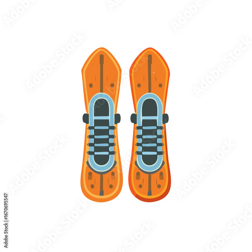Two Orange Winter Snowshoes with Blue Bindings for Snow Exploration Winter Fun