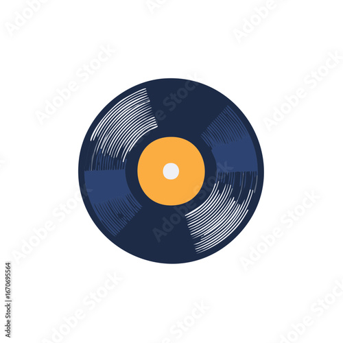 A flat stylized representation of a navy blue and orange vinyl record from above