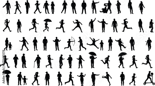Silhouettes of diverse people walking running jumping holding umbrella and interacting vector set