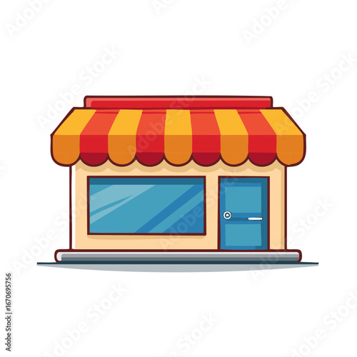 Cartoon shop facade with awning, entrance door and window, market, isolated.