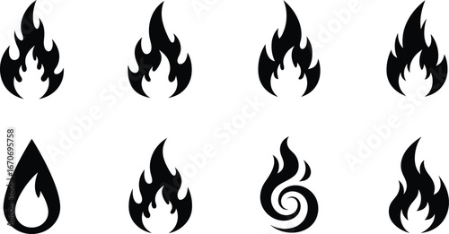 Fire flame icons set with various black silhouette styles vector collection for design and illustration use