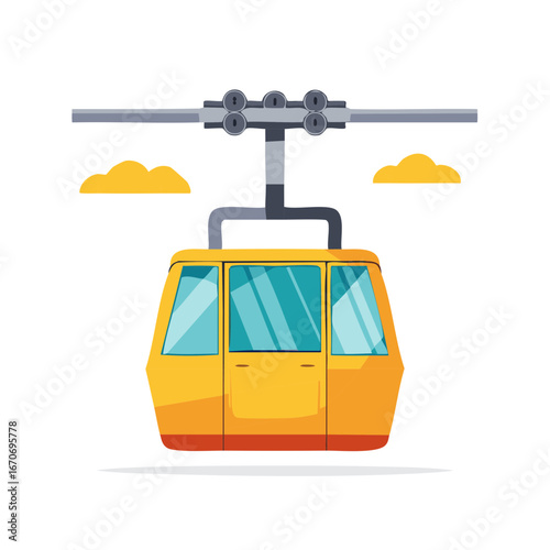 Bright Yellow Cable Car Ascending with Clouds Cartoon Graphic, Funicular Ride Upward, Vector Illustration