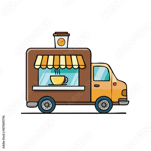 Cartoon Coffee Truck with Steaming Cup and Takeaway Cup on Top