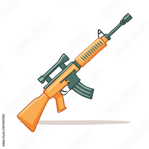 Illustration of an orange toy assault rifle with a scope lying on the floor, side view