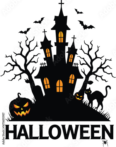 Halloween haunted house silhouette with glowing windows spooky black cat bats and carved pumpkin vector design for celebration decoration