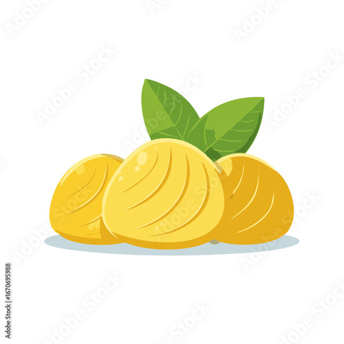 Three shiny yellow gnocchi pasta shapes with green leaves