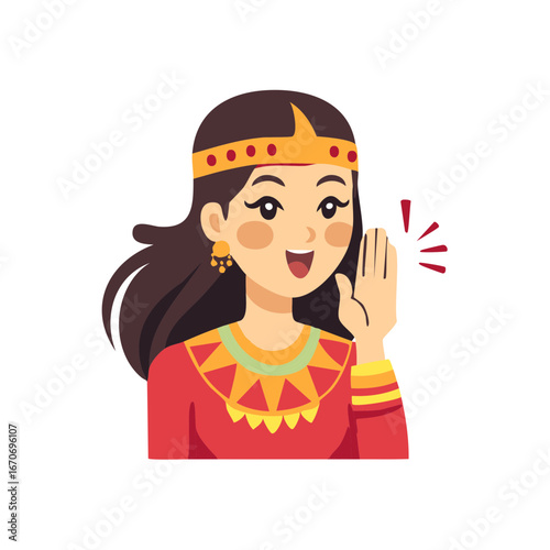 Cartoon woman with long dark hair and traditional dress whispering secrets