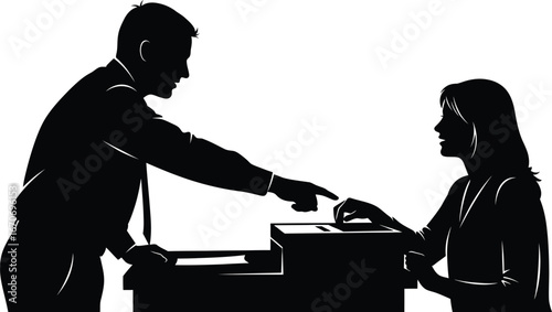 Silhouette of a business man pointing at a woman at a desk, possibly in a meeting or discussion