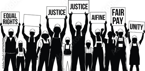 Silhouette of workers protesting for justice, equal rights, fair pay, and unity