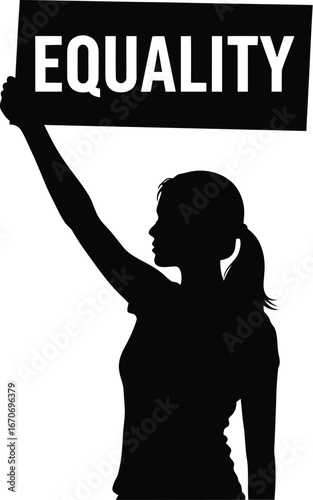 Silhouette of a woman holding an equality sign, , representing a protest for equal rights, social justice, and gender equality in movement