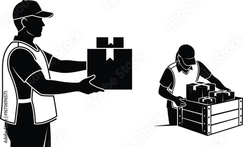 Silhouette of delivery men carrying boxes and crates