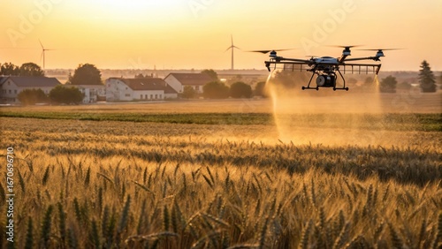 Drone spraying pesticide over wheat field at sunset