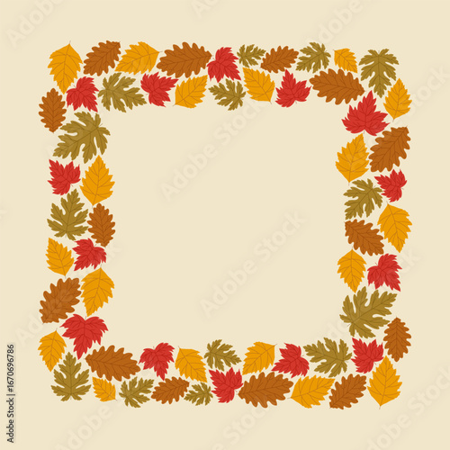 Square frame with autumn leaves on beige background. Perfect for invitations, seasonal cards, posters, and holiday decoration.