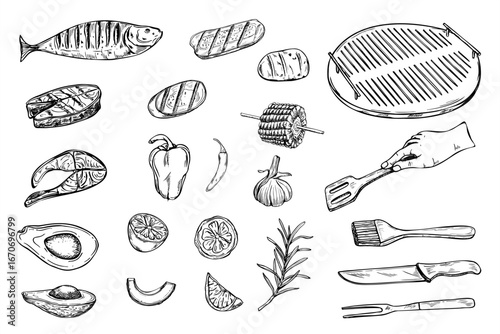 Grilled seafood, vegetables, and BBQ tools set vector illustration painted by black inks. Fish steak, pepper, tomato, avocado, corn, herbs clip art graphic sketch for BBQ family gathering invitation