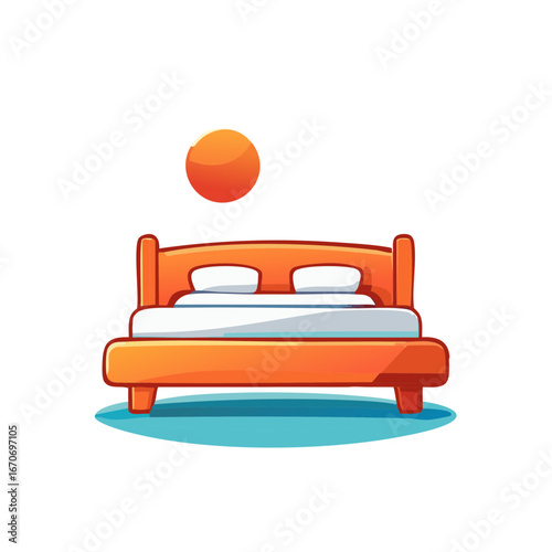 Cozy orange bed with crisp white linens and a warm sun overhead