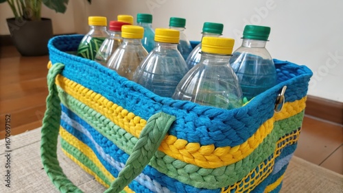 Colorful crocheted tote bag filled with plastic water bottles