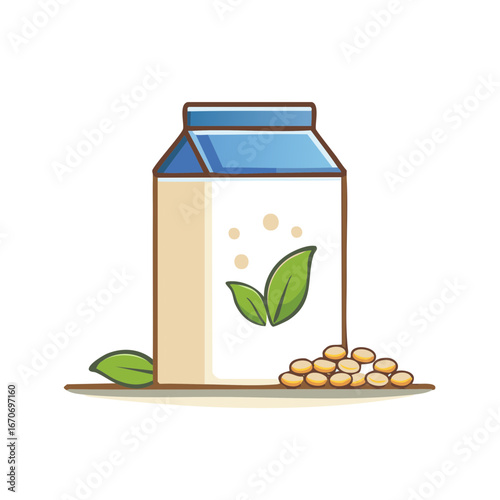 Plant Based Soy Milk Carton with Beans and Leaves Healthy Drink