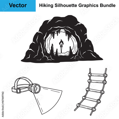 Cave Exploration Headlamp Rope Ladder Silhouette Hiking Vector Bundle