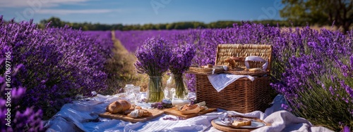 Summer picnic with wine and cheese in the lavender field, outdoors, sunset light, Generative AI, nature