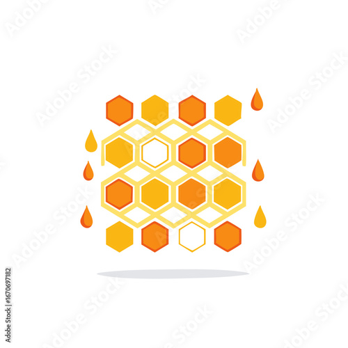 Honey dripping from honeycomb hexagonal cell structure with copy space