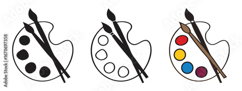 Palette icon set. Painter palette and paint brush. Paint artist, art, watercolor, flat, black, drawing, Art icon, creativity concept. Vector illustration