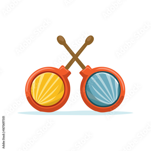 Cartoon castanets illustration, red and brown musical instruments with blue and yellow design, rhythm