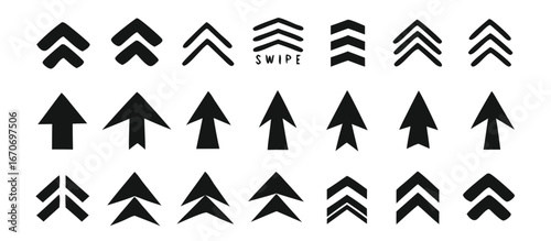 Set swipe up arrows icons. Different black arrows sign upwards. Scroll or swipe up. Graphic vector elements for web, applications, infographic, social media