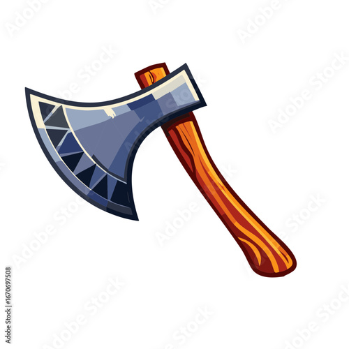 Cartoon style battle axe with wooden handle and blue blade isolated