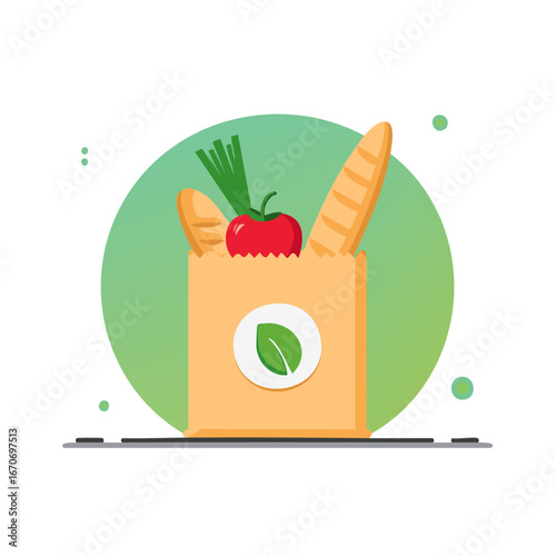 Eco friendly paper bag overflowing with fresh produce and bread against a vibrant green circle