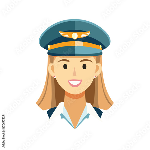 Smiling female pilot wearing a blue cap with gold emblem and white collared shirt, headshot portrait.