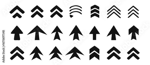 Set swipe up arrows icons. Different black arrows sign upwards. Scroll or swipe up. Graphic vector elements for web, applications, infographic, social media