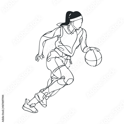 Dynamic basketball player dribbling ball in motion drawing. Halloween vector illustration
