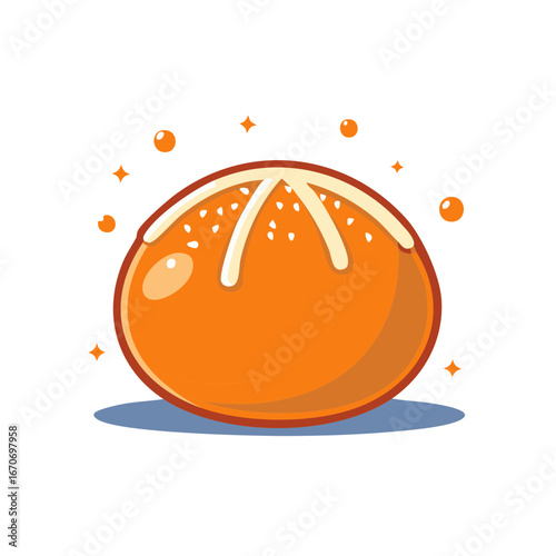Cartoon Tangerine Bun Pastry Treat with Decoration on White Background